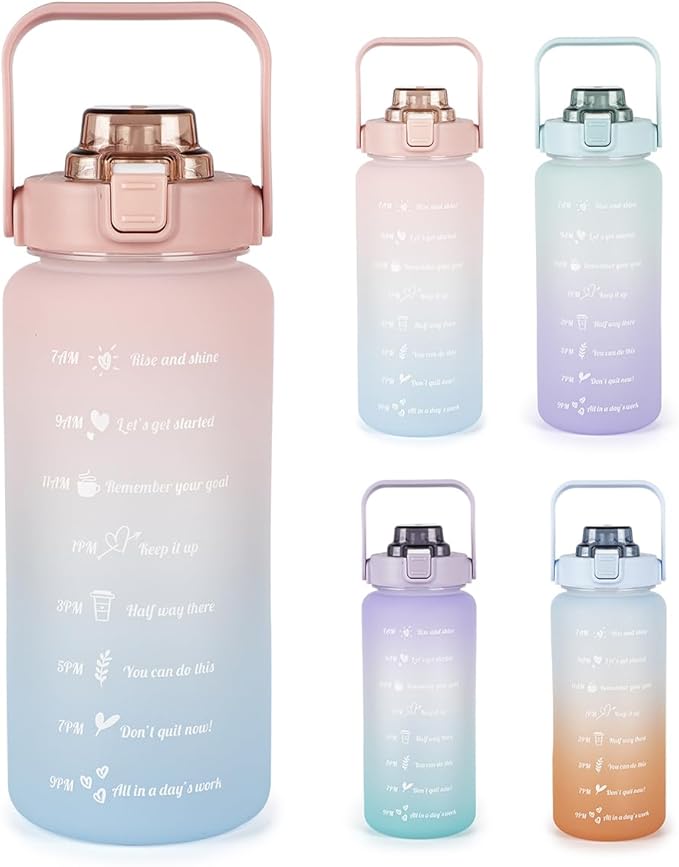 64oz Half Gallon Water Bottle With Sleeve, Water Bottles with Time Marker/Straw/Chug One Lids, Leakproof Tritan BPA Free Reusable Water Jug Easy Carry for Adult and Kids Gym Sports Outdoors