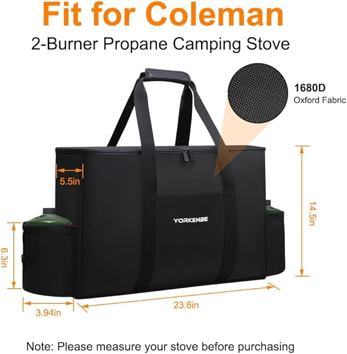 Camp Stove Carry Bag, Camping Stove Carrying Case for Coleman 2-Burner, 1680D Stove Storage bag, with Double Zipper, 2 Adjustful Side Pockets, Fits Grills/Stoves up to 23.6 x 14.5 x 5.5Inches