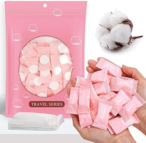 50 Pieces Compressed Towels Tablets, Portable Disposable Cotton Hypoallergenic Dehydrated Expandable Compressed Face Towels Travel Washcloths Coin Tissues for Home Beauty and Outdoors Hiking Camping
