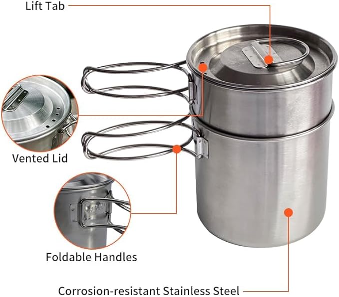 2Pcs 4Pcs Foldable Camping Cups and Mugs Pot 304-Food-Grade Stainless Steel Outdoor-cookware-Set with Vented lid