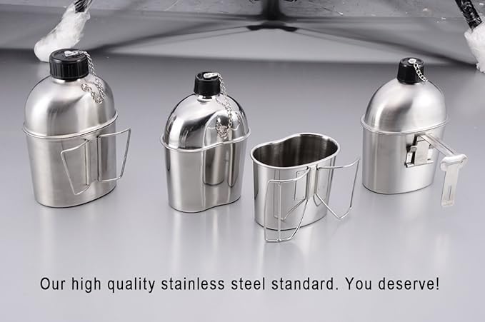 Goetland Stainless Steel WWII US Army Canteen Water Bottler Military Canteen Kit 1QT with 0.5QT Cup Nylon Pouch G.I.