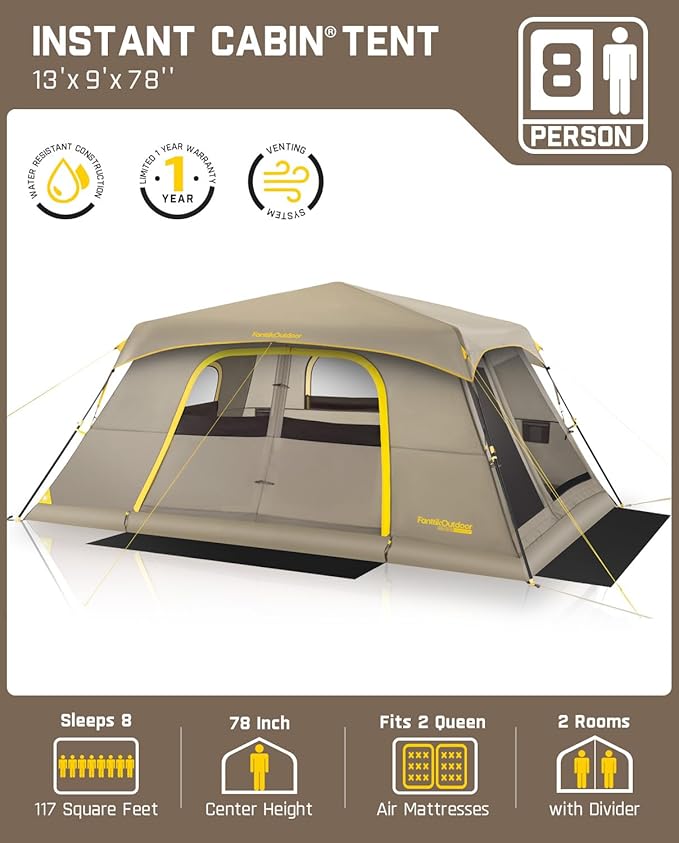 FanttikOutdoor Camping Tent, Lightweight 8/10 Person Instant Cabin Tent Setup in 60 Seconds with Rainfly & Windproof, Ultralight with Carry Bag for Family Camping & Hiking, Upgraded Ventilation
