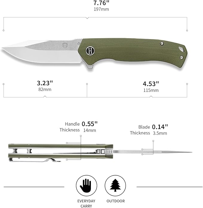 Holtzman's Gorilla Survival Folding Knife D2 Steel Blade G10 Handle Pocket Knife EDC Giftset for Men and Women (half stonewashed half silver blade + green handle (LM042))