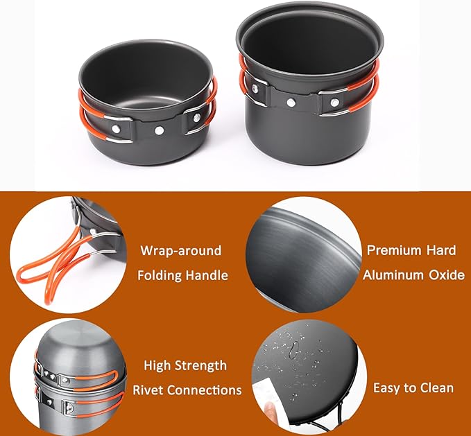 Camping Cookware Set Portable Backpacking Stove Kit, Mini Camp Stove with Non-Stick Lightweight Pots Pans and Stainless Steel Fork Knife Spoon for Outdoor Camping Hiking Cooking Gear