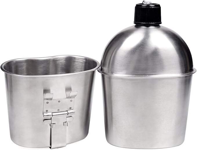 Goetland Stainless Steel WWII US Army Canteen Water Bottler Military Canteen Kit 1QT with 0.5QT Cup Nylon Pouch G.I.