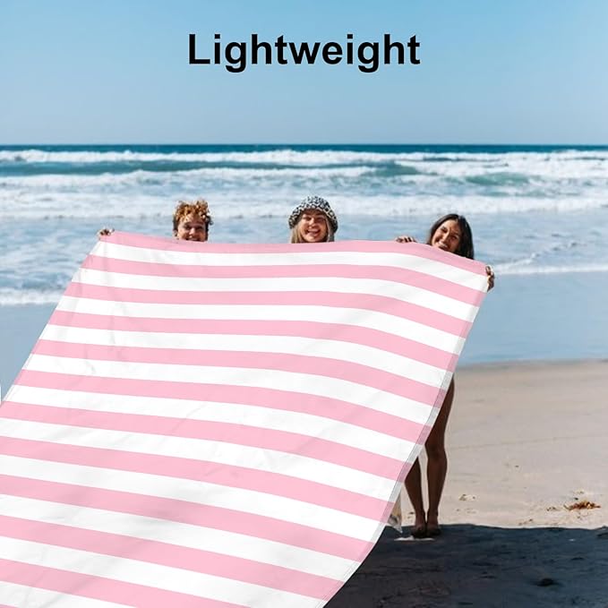 Beach Blanket Sandproof Waterproof, Pink Striped Picnic Blanket Extra Large 9 Ft X 10 Ft for 8 Adults with Stakes and Sand Pocket, Compact Lightweight Sand Free Beach Mat Essential