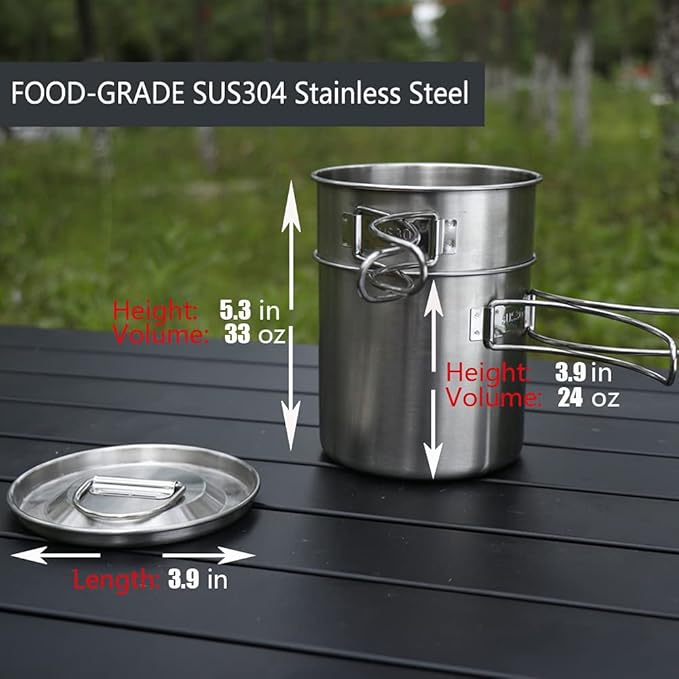 2Pcs 4Pcs Foldable Camping Cups and Mugs Pot 304-Food-Grade Stainless Steel Outdoor-cookware-Set with Vented lid