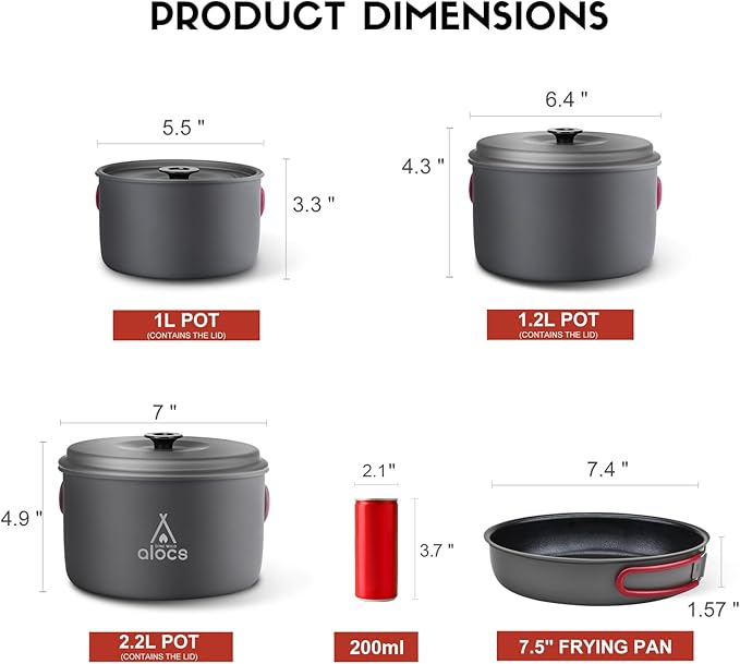 Alocs Camping Cookware Set Camping Gear, Compact Camping Pots and Pans Set, Durable Hard Alumina Camping Cooking Set for Outdoor Backpacking Camping Hiking Picnic, Included Mesh Carry Bag.
