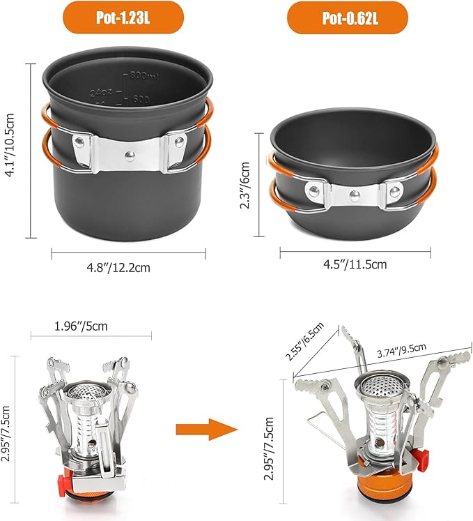 Camping Cookware Set Portable Backpacking Stove Kit, Mini Camp Stove with Non-Stick Lightweight Pots Pans and Stainless Steel Fork Knife Spoon for Outdoor Camping Hiking Cooking Gear