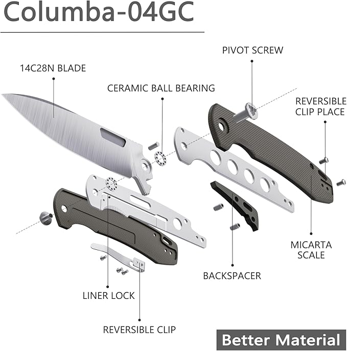 Folding Pocket Knife for Men,3.74in Sandvik 14C28N Blade and Liner Lock Micarta Handle with Reversible Deep Carry Clip,Outdoor Camping Hunting EDC Knives,Columba-04GC