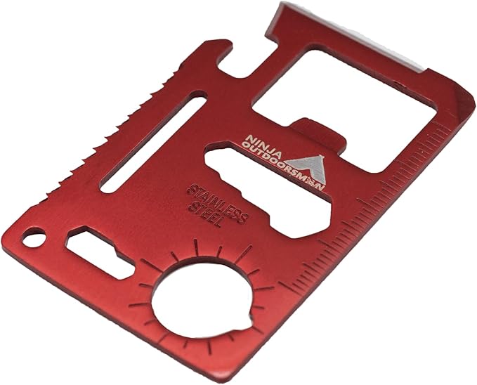(10 Pack, Red) Ninja Outdoorsman 11 in 1 Stainless Steel Credit Card Pocket Sized Survival Multi Functional Tool - Stocking Stuffers, Christmas Gifts Under 10 Dollars