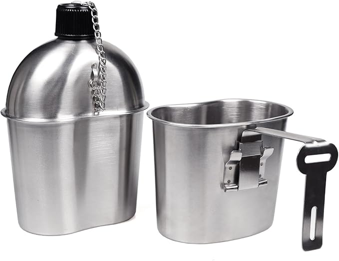 Goetland Stainless Steel WWII US Army Canteen Water Bottler Military Canteen Kit 1QT with 0.5QT Cup Nylon Pouch G.I.