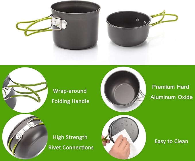Camping Cookware Set Portable Backpacking Stove Kit, Mini Camp Stove with Non-Stick Lightweight Pots Pans and Stainless Steel Fork Knife Spoon for Outdoor Camping Hiking Cooking Gear
