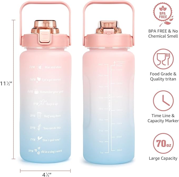 64oz Half Gallon Water Bottle With Sleeve, Water Bottles with Time Marker/Straw/Chug One Lids, Leakproof Tritan BPA Free Reusable Water Jug Easy Carry for Adult and Kids Gym Sports Outdoors