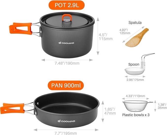 Odoland 9pcs Camping Cookware Non-Stick Lightweight Camping Pots and Pans Set with Plastic Bowls Soup Spoon for Camping, Backpacking, Outdoor Cooking and Picnic