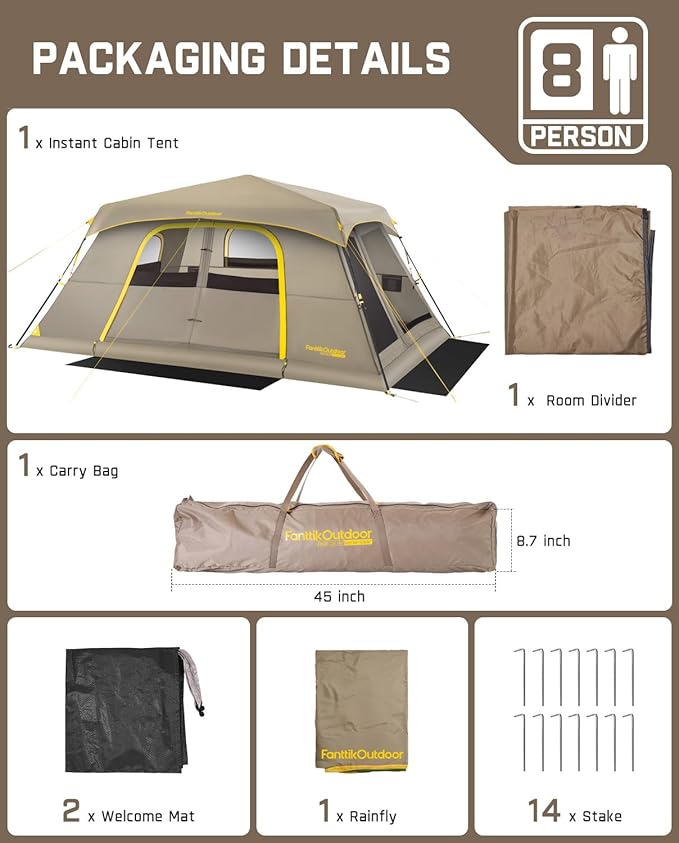 FanttikOutdoor Camping Tent, Lightweight 8/10 Person Instant Cabin Tent Setup in 60 Seconds with Rainfly & Windproof, Ultralight with Carry Bag for Family Camping & Hiking, Upgraded Ventilation
