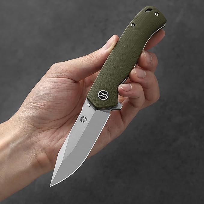 Holtzman's Gorilla Survival Folding Knife D2 Steel Blade G10 Handle Pocket Knife EDC Giftset for Men and Women (half stonewashed half silver blade + green handle (LM042))