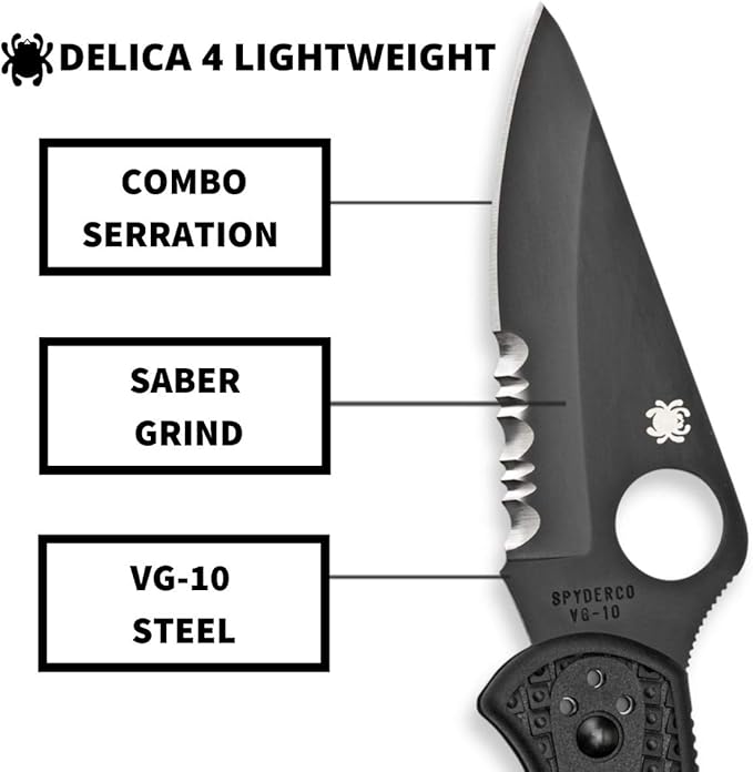 Spyderco Delica 4 Lightweight Signature Knife with 2.90" Saber-Ground Black Steel Blade and FRN Handle - CombinationEdge - C11PSBBK