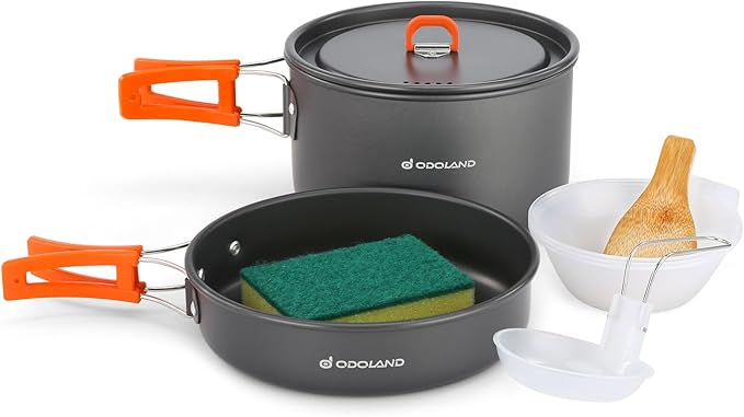 Odoland 9pcs Camping Cookware Non-Stick Lightweight Camping Pots and Pans Set with Plastic Bowls Soup Spoon for Camping, Backpacking, Outdoor Cooking and Picnic