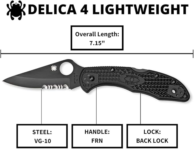 Spyderco Delica 4 Lightweight Signature Knife with 2.90" Saber-Ground Black Steel Blade and FRN Handle - CombinationEdge - C11PSBBK