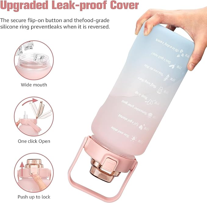64oz Half Gallon Water Bottle With Sleeve, Water Bottles with Time Marker/Straw/Chug One Lids, Leakproof Tritan BPA Free Reusable Water Jug Easy Carry for Adult and Kids Gym Sports Outdoors
