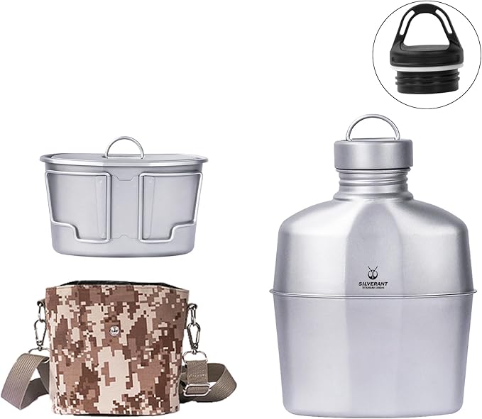 Camping Canteen Titanium Military Canteen Mess Kit Ultralight Camping Mug with Carry Pouch & Cup Foldable Handle -Bottle 1000ml, Cup 600ml