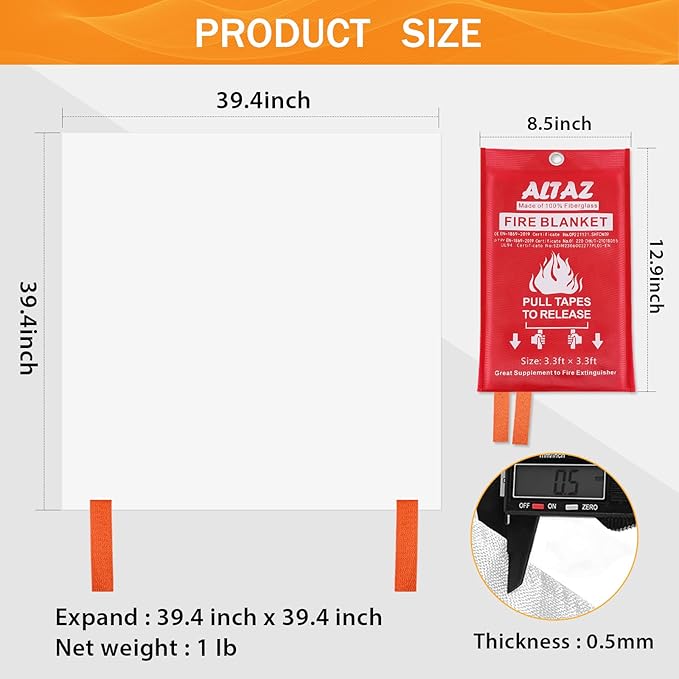 Fire Blanket Emergency for Home Kitchen - 39.4"x39.4" Flame Suppression Fiberglass Fire Extinguisher for Camping, Grill, Car, Office, Warehouse, Fireplace, Survival, Safety Altaz (1 Pack)