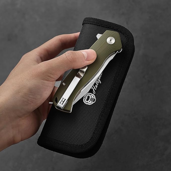 Holtzman's Gorilla Survival Folding Knife D2 Steel Blade G10 Handle Pocket Knife EDC Giftset for Men and Women (half stonewashed half silver blade + green handle (LM042))