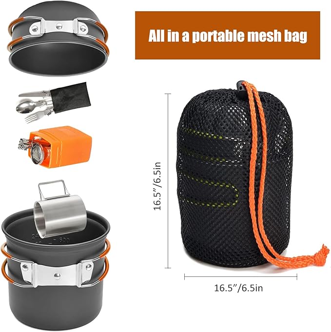 Camping Cookware Set Portable Backpacking Stove Kit, Mini Camp Stove with Non-Stick Lightweight Pots Pans and Stainless Steel Fork Knife Spoon for Outdoor Camping Hiking Cooking Gear