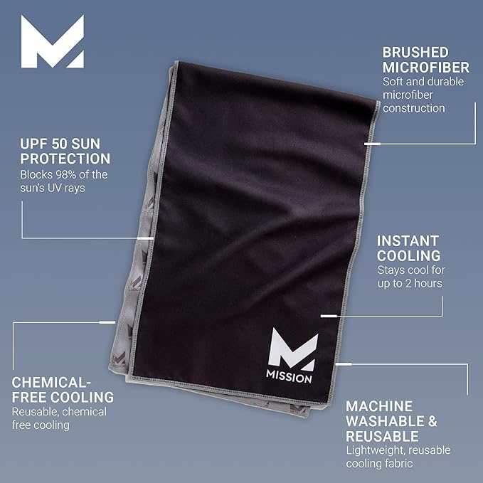 Mission Original Cooling Towel, Black - Soft, Durable Microfiber - Cools Up to 2 Hours - UPF 50 Sun Protection - Machine Washable