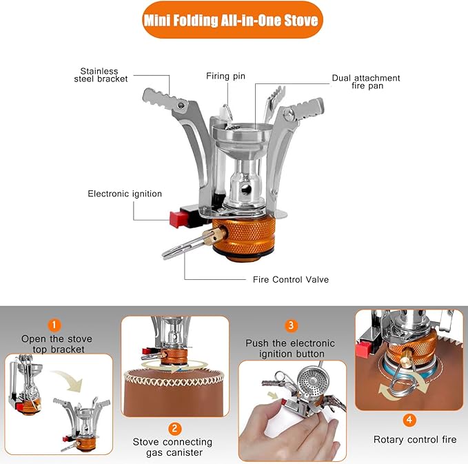 Camping Cookware Set Portable Backpacking Stove Kit, Mini Camp Stove with Non-Stick Lightweight Pots Pans and Stainless Steel Fork Knife Spoon for Outdoor Camping Hiking Cooking Gear