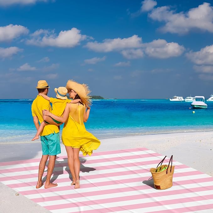Beach Blanket Sandproof Waterproof, Pink Striped Picnic Blanket Extra Large 9 Ft X 10 Ft for 8 Adults with Stakes and Sand Pocket, Compact Lightweight Sand Free Beach Mat Essential