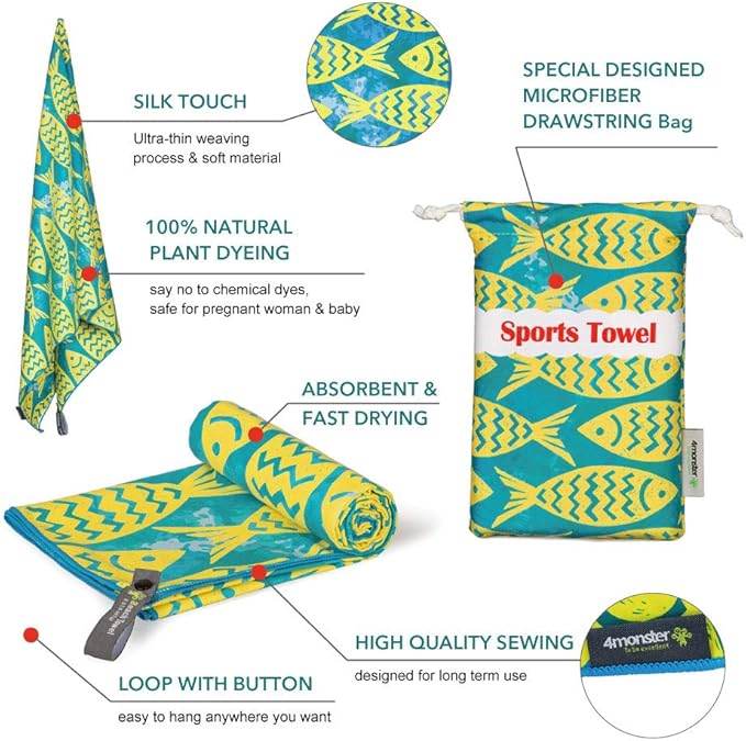 4Monster Microfiber Beach Towel Quick Dry,Super Absorbent Lightweight Travel Towel for Swimmers, Sand Free Camping Towel, Beach Towels for Pool, Swim, Water Sports,Yoga,Gym,Backpacking