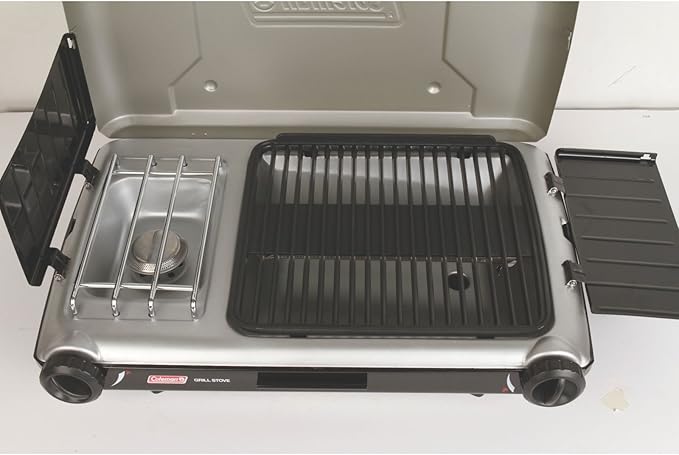 Coleman Tabletop 2-in-1 Grill & Stove with 2 Adjustable Burners, Propane Grill/Stove with Push-Button Starter, Wind Guards, Grease Tray, & 20,000 BTUs of Power for Camping, Tailgating, & More