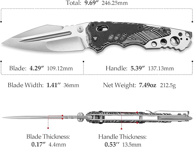 '-Intruder-03BW|Heavy Folding Pocket Knife for Men,Outdoor Camping EDC Knives with Clip ,4.29" Stonewash 14C28N Steel Blade ,Brass Washer,Ti & Damascus G10 Handle