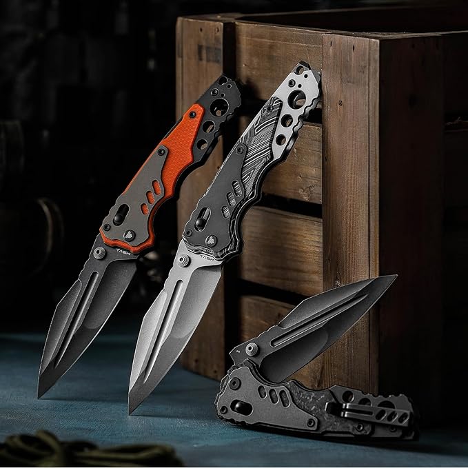 '-Intruder-03BW|Heavy Folding Pocket Knife for Men,Outdoor Camping EDC Knives with Clip ,4.29" Stonewash 14C28N Steel Blade ,Brass Washer,Ti & Damascus G10 Handle