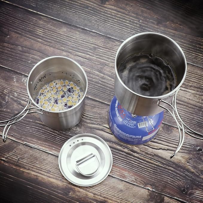 2Pcs 4Pcs Foldable Camping Cups and Mugs Pot 304-Food-Grade Stainless Steel Outdoor-cookware-Set with Vented lid