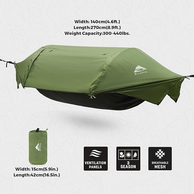Camping Hammock Tent with Mosquito Net & RainFly, 3 in 1 Waterproof Lightweight Portable Sleeping Hammock Bug, Travel Outdoor Gear with Tree Strap Swing, for Hiking Patio Expedition