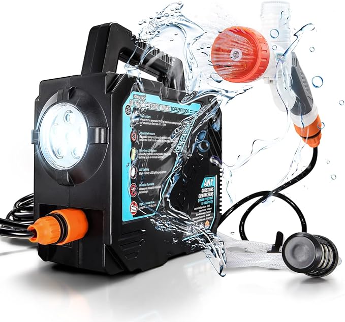 ZOOOBELIVES High Pressure Camping Shower with 50W/75psi Pump, Outdoor Camp Shower with Multi-use Sprayer and LED Light for Campsite Bathing Beach Yard Pet Car Cleanups, Portable and Rechargeable