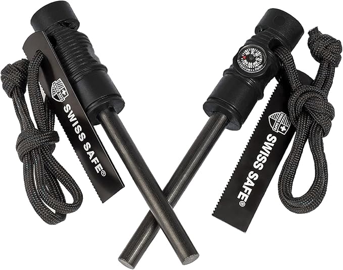 Swiss Safe 5-in-1 Fire Starter with Compass, Paracord and Whistle (2-Pack) for Emergency Survival Kits, Camping, Hiking, All-Weather Magnesium Ferro Rod