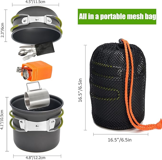 Camping Cookware Set Portable Backpacking Stove Kit, Mini Camp Stove with Non-Stick Lightweight Pots Pans and Stainless Steel Fork Knife Spoon for Outdoor Camping Hiking Cooking Gear