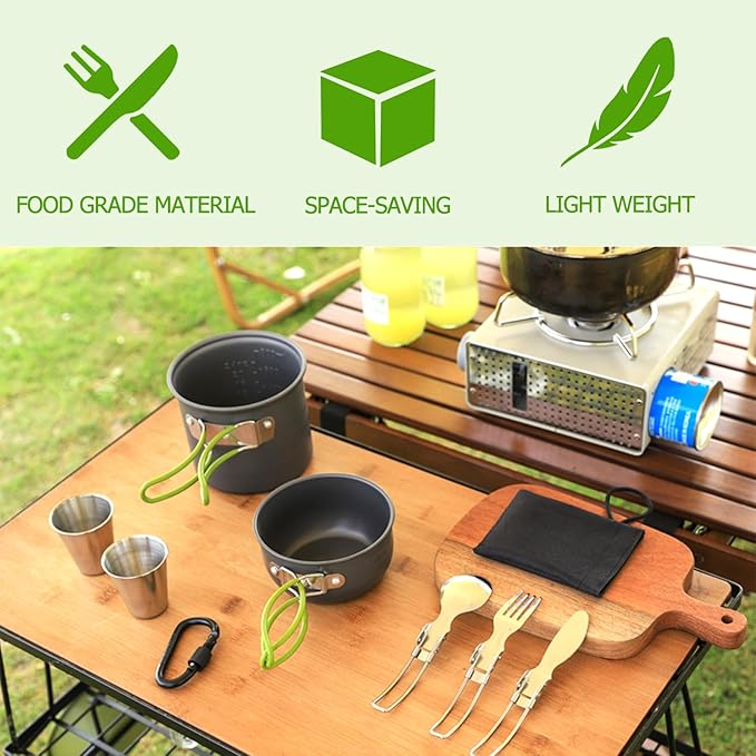 Camping Cookware Set Portable Backpacking Stove Kit, Mini Camp Stove with Non-Stick Lightweight Pots Pans and Stainless Steel Fork Knife Spoon for Outdoor Camping Hiking Cooking Gear
