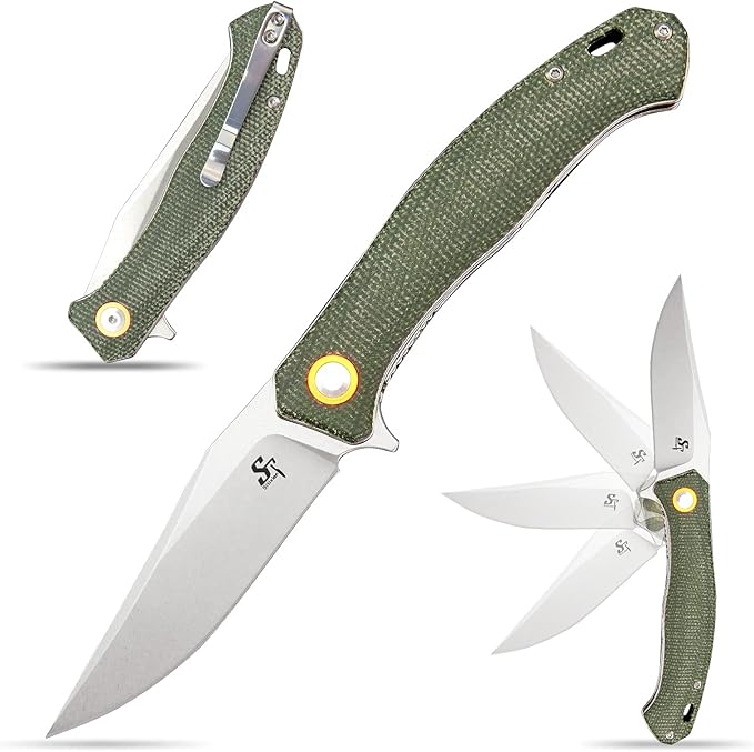Sitivien ST112 Folding Knife, D2 Blade and Micarta Handle EDC Tool Knife with Pocket Clip for Outdoor Camping Hiking Survival(Army green)