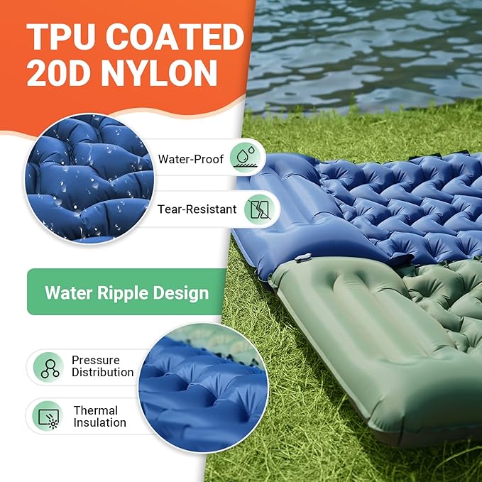 KingCamp Sleeping Pads for Camping, Self Inflating Camping Mattress with Built-in Foot Pump, Connectable Durable Inflatable Sleeping Mat with Pillow, Compact Camping Air Mattress for Camping Hiking