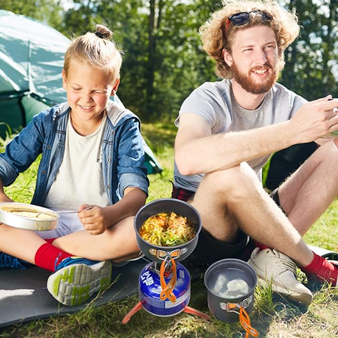 Camping Cookware Set Portable Backpacking Stove Kit, Mini Camp Stove with Non-Stick Lightweight Pots Pans and Stainless Steel Fork Knife Spoon for Outdoor Camping Hiking Cooking Gear