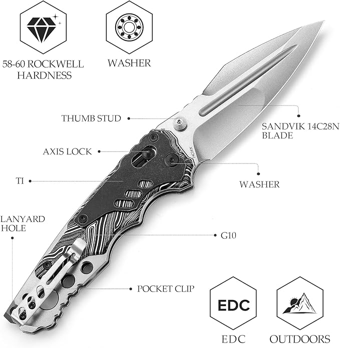 '-Intruder-03BW|Heavy Folding Pocket Knife for Men,Outdoor Camping EDC Knives with Clip ,4.29" Stonewash 14C28N Steel Blade ,Brass Washer,Ti & Damascus G10 Handle