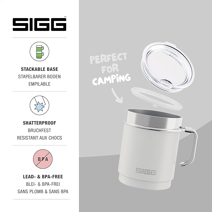 SIGG - Camping Mug with Lid - Double-Wall Insulated - Recycled Stainless Steel - Stackable - Hook Handle - Hiking, 10Oz