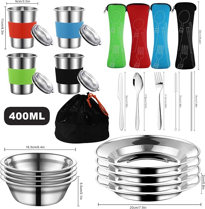 Camping Mess Kit, Stainless Steel Camping Cooking Set Includes Plate Bowl Cup with Sealing Cover Spoon Fork Knife in Mesh Bag for Backpacking, Camping, Hiking and Picnics for 4 Person