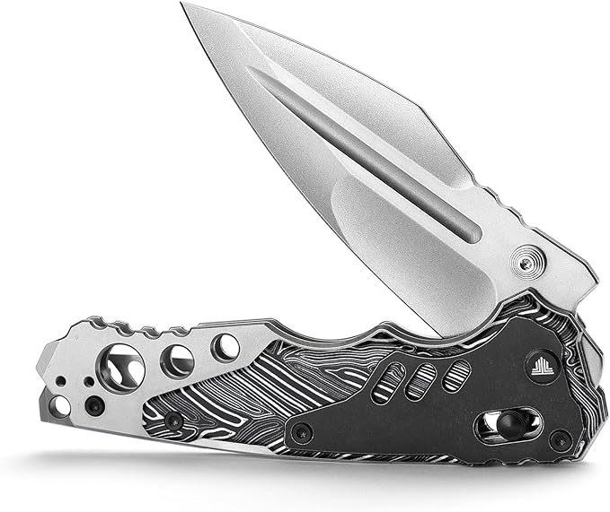 '-Intruder-03BW|Heavy Folding Pocket Knife for Men,Outdoor Camping EDC Knives with Clip ,4.29" Stonewash 14C28N Steel Blade ,Brass Washer,Ti & Damascus G10 Handle