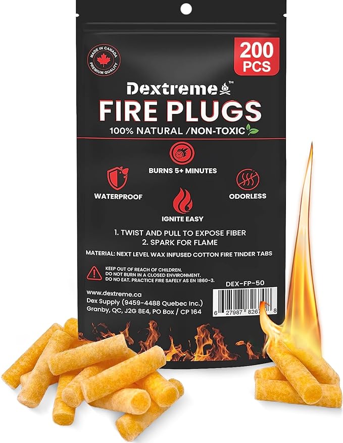 Dextreme Fire Plugs (200 Plugs) Waterproof Fire Starter for Campfires, Emergencies, Survival, Fire Pits, Grills | 5+ Minute Burn | All Natural | Made in North America